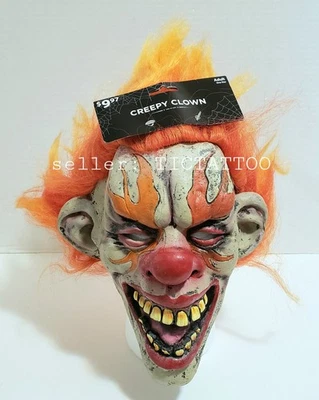 🔥 CREEPY CLOWN Halloween MASK Adult One Size Latex Orange Flame Hair NEW w/ Tag - Image 1 of 4