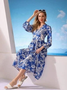 Zara Collared Floral Midi Dress Blue & White M - Picture 1 of 12