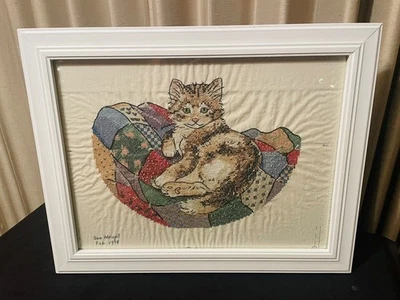 1996 Dimensions Patchwork Stamped Cross Stitched Kitten Nice Heavy Frame - Image 1 of 4