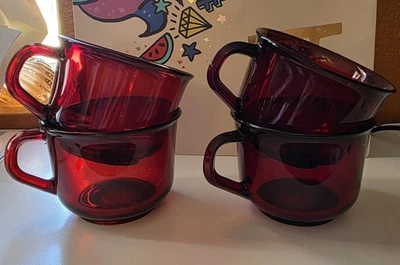 Vintage 4 Ruby Red Tea Cup. France Arcoroc Teacups. Holiday, Christmas  - Image 1 of 4