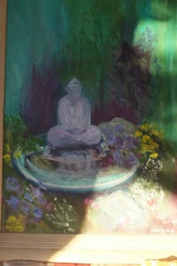 Vintage Fountain Statue Oil Painting - Artist Signed "Helene" - Picture 1 of 12