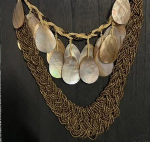 2pc Abalone Shell Statement Necklace Bib Dangle Seed Bead Braided Bronze Brown - Picture 1 of 7