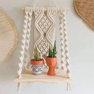 Macrame Wall Hanging Plant Decor Shelf Indoor Outdoor Floating Wood shelve De... - Picture 1 of 6