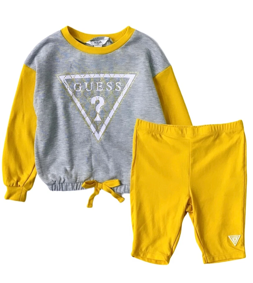 Guess Toddler Girl 2-Piece Grey & Yellow Drawstring Sweatshirt & Bike Shorts Set - Image 1 of 4