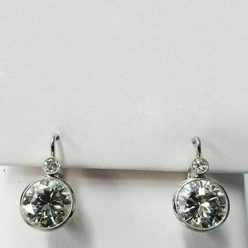 3.20Ct Round Cut Moissanite Bezel Antique Drop Earring Solid 14k White Gold - Image 1 of 4