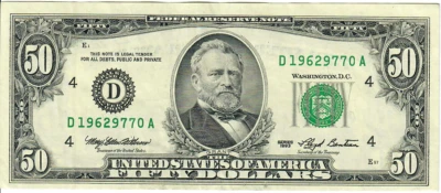 1993 50$ FRN - Small portrait w/ security thread - MEW/LB D19629770A - #15267 - Image 1 of 2