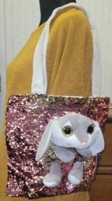 NWT My Oli Bunny Plush Rabbit Canvas Bag Purse w/straps Pink Sequin Side 12"x15" - Image 1 of 4
