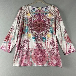 Reba Top Women 2X Burnout Southwestern Rhinestone Aztec Artsy Stretchy Patterned - Picture 1 of 13