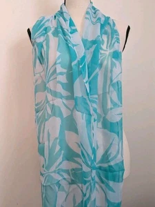 Vintage Aqua blau weiß Seide Blume länglicher Schal 13 x 70" - Bild 1 von 4