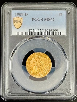 PCGS MS62 1909-D Indian $5 Gold Eagle 0.2419 Oz Gold US Coin 44946399 - Image 1 of 4