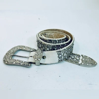 Cinturón Western de Cuero Blanco con Hebilla Concho Floral Plateada, Estrás Bling LEER Foto 1 de 4