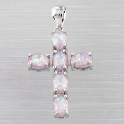 Latin Cross Lavender Purple Fire Opal Cabochon Silver Jewelry Necklace Pendant - Image 1 of 4