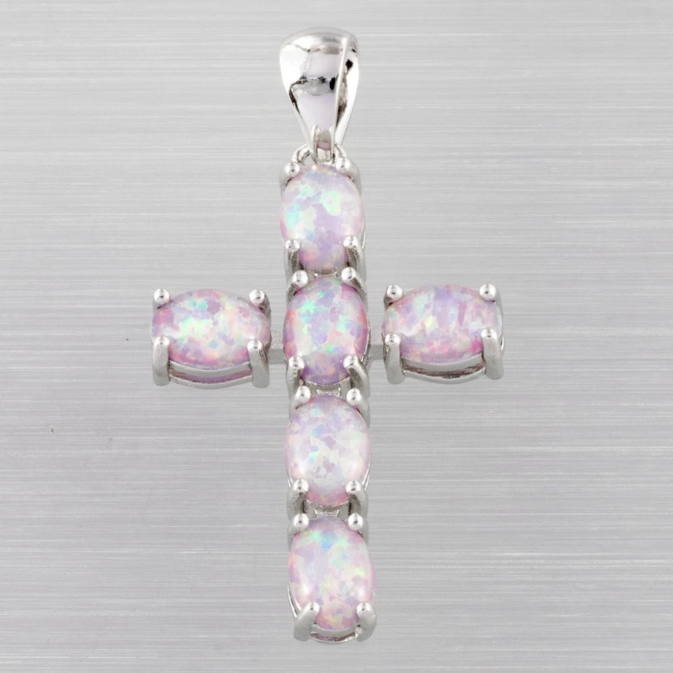 Latin Cross Lavender Purple Fire Opal Cabochon Silver Jewelry Necklace Pendant - Image 1 of 4