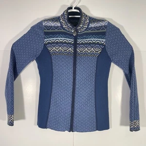 Icelandic Design Womens Medium Cardigan Sweater Wool Blend Blue Pattern Full Zip - Picture 1 of 5