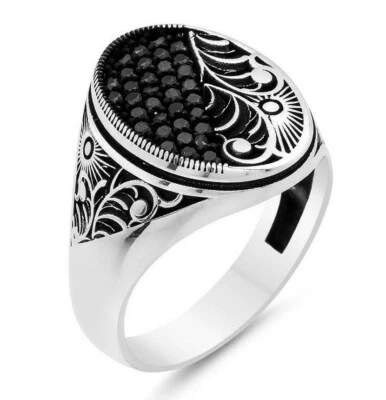Anillo para hombre de micro piedra negra con flores de sol de plata de ley 925 maciza Foto 1 de 4
