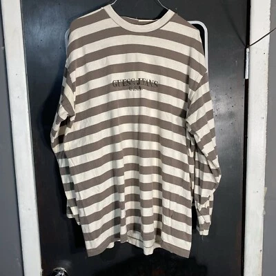 Vintage 90's Guess Jeans USA Cream/Brown Striped Long-sleeved Sz L - Image 1 of 4