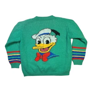Vintage 1980s Child's Donald Duck Intarsia Knit V-Neck Cardigan Acrylic - Picture 1 of 11