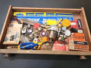 Vintage Junk Drawer Lot Lighter Knife Tin UPPR Flag Advertising Box Tool Atq YD1 - Picture 1 of 24