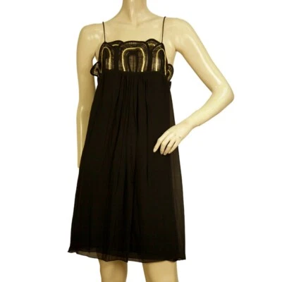 Mini Vestido Temperley Negro Seda Dorado Bordado Correas de Espagueti Talla UK 12 Foto 1 de 4