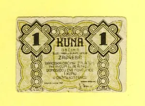 CROATIA 1 KUNA 1942 ZAGREB CITY City money of ZAGREB WWII RARE F++ - Picture 1 of 2