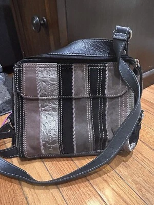 FOSSIL Brown Multi Leather Patchwork Stripe Shoulder Purse Bag - Image 1 of 4