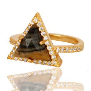 Gold Plated Triangle Design Rings Zebra Jasper & Zircon Gemstone Engagement