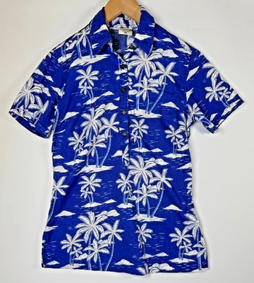 Camisa Hawaiana Go Barefoot Para Hombres XS Azul Blanco Palm Tree Island Aloha Hecha en EE. UU. Foto 1 de 4