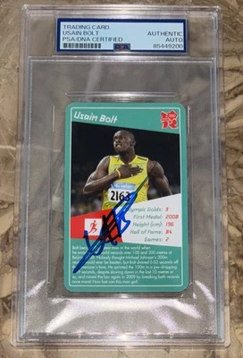 Tarjeta verde firmada por Usain Bolt del torneo Top Trumps World Legends PSA automática Foto 1 de 2