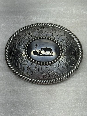 Nocona Cinturón Hebilla Vaquero Caballo Oración Tono Plateado Foto 1 de 4
