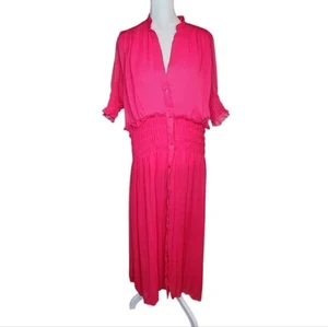 NEU Zara transparentes gesmoktes Midikleid mit Puffärmeln fuchsia Größe L - Bild 1 von 8