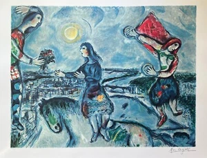 Marc Chagall LOVERS OVER PARIS Limited Edition Facsimile Signed Lithograph Art - Picture 1 of 6