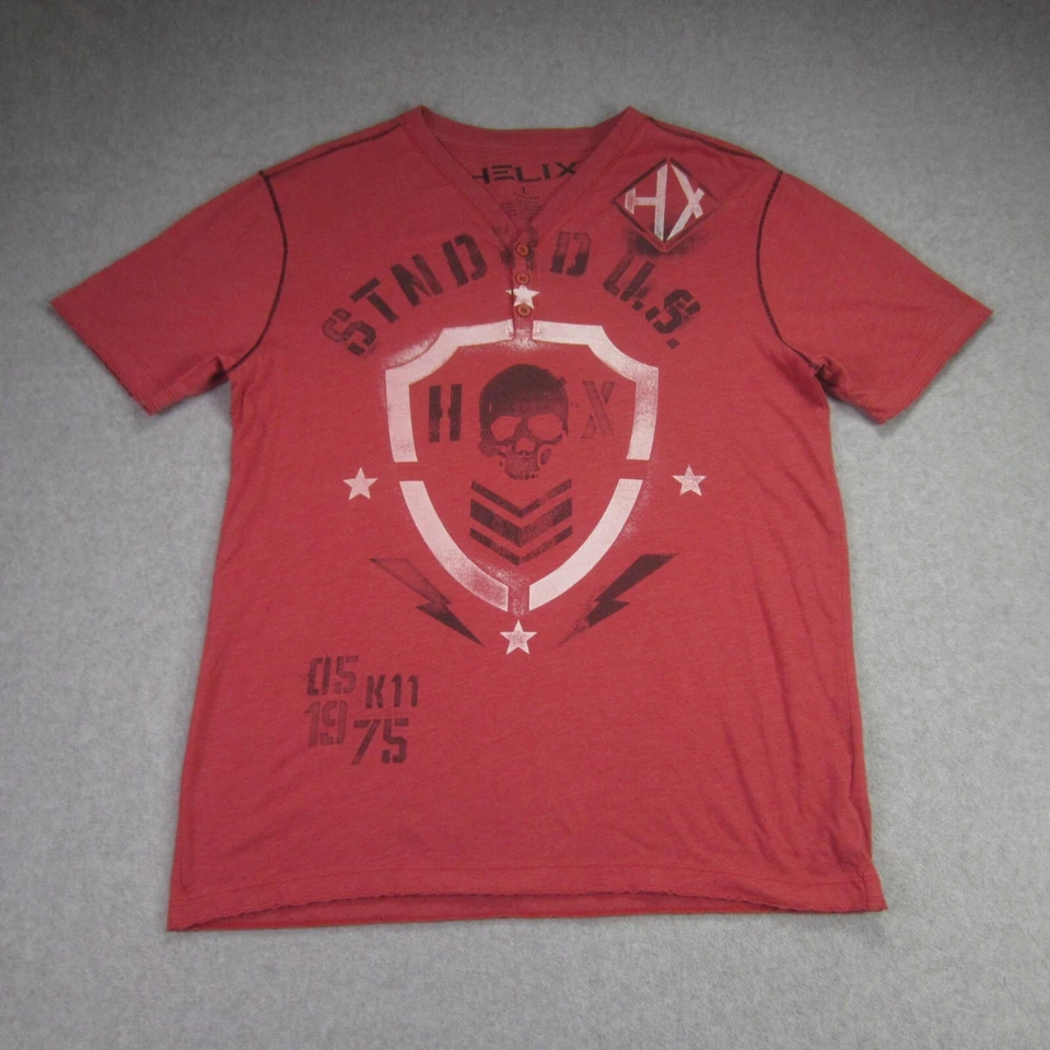 Camisa Helix Para Hombres L Lavado Rojo Henley Rock Shield Calavera Estándar EE. UU. Grunge Foto 1 de 4