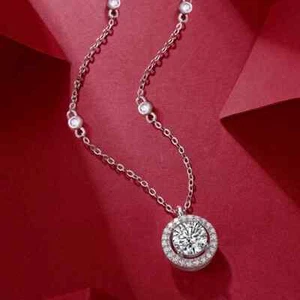 Women's Pendant Necklace 925 Sterling Silver 2 Ct Round Cut Real Moissanite - Picture 1 of 5