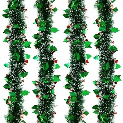 Christmas Tree Tinsel Green Holly Leaf & Berry Snow Tipped Berries Garland Decor - Image 1 of 4