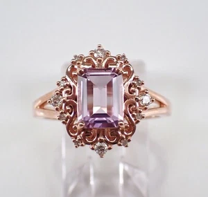Anillo de compromiso de oro rosa diamante y amatista corte esmeralda joyería regalo - Imagen 1 de 7