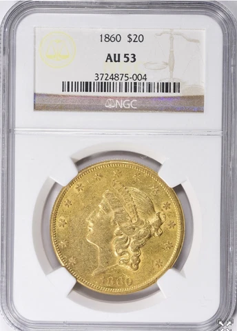 1860 $20 GOLD LIBERTY DOUBLE EAGLE NGC AU 53 Cover