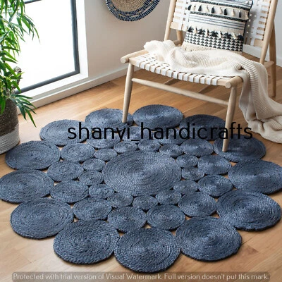 Bohemian Round Blue Color Jute Rug Hand Braided Rug Jute Rug 7 Feet Area Rag Rug - Image 1 of 3