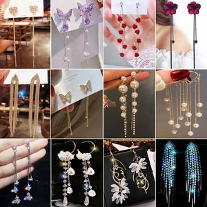 Fashion Long Tassel Zircon Crystal Earrings Stud Pearl Drop Dangle Women Jewelry