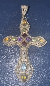 Atemberaubendes 925 Sterling Silber Kreuz mit bunten Edelsteinen 3,5 Zoll 32 Gramm - Bild 1 von 10