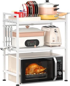 PUSDON Microwave Oven Rack, Adjustable Shelf Organizer H-frame 3 tier, White - Picture 1 of 8