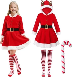 UK Girls Christmas Santa Claus Dress Long Sleeve Fleece Hooded Xmas age 4/5yrs - Picture 1 of 3