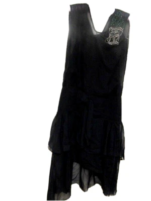 Antique Flapper Dress W/Slip Emerald Green Rhinestones Flower Black Chiffon  - Image 1 of 4