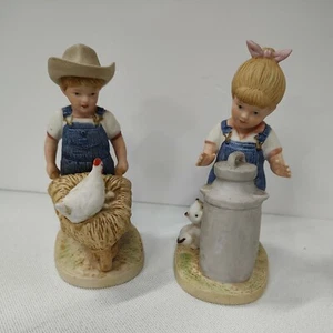 Home Interiors 1985 Denim Days #1501 "Morning Chores" Danny & Debbie Figurines - Picture 1 of 12