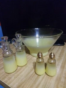 Vintage 50s 5 Piece Art Deco Yellow Frosted Glass Salad Bar Set. MCM Beautiful - Picture 1 of 12