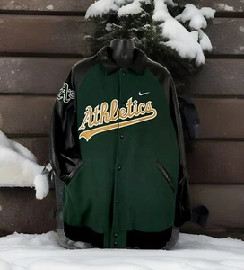 NIKE TEAM MLB OAKLAND ATHLETICS VARSITY GIACCA LANA/PELLE NERO/VERDE UOMO 2XL - Foto 1 di 9
