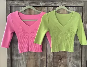 Womens Vintage SPOILED GIRL Cropped BodyCon Stretch Knit Lot Lime Hot Pink S - Picture 1 of 14