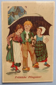 Postal histórica Feliz Pentecostés - niños con paraguas color usado 1908 - Imagen 1 de 2