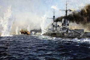 Cuirassé allemand Markgraf bataille Jutland peinture par Claus Bergen reproduction - Photo 1/3
