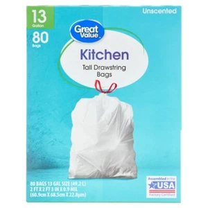 Great Value Kitchen Tall Drawstring Bags, 13 Gallon, 80 Count New - Picture 1 of 4