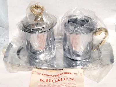 Crema cromada Kromex y azúcar cubierta con bandeja y asas tono dorado #887-92 en caja Foto 1 de 4